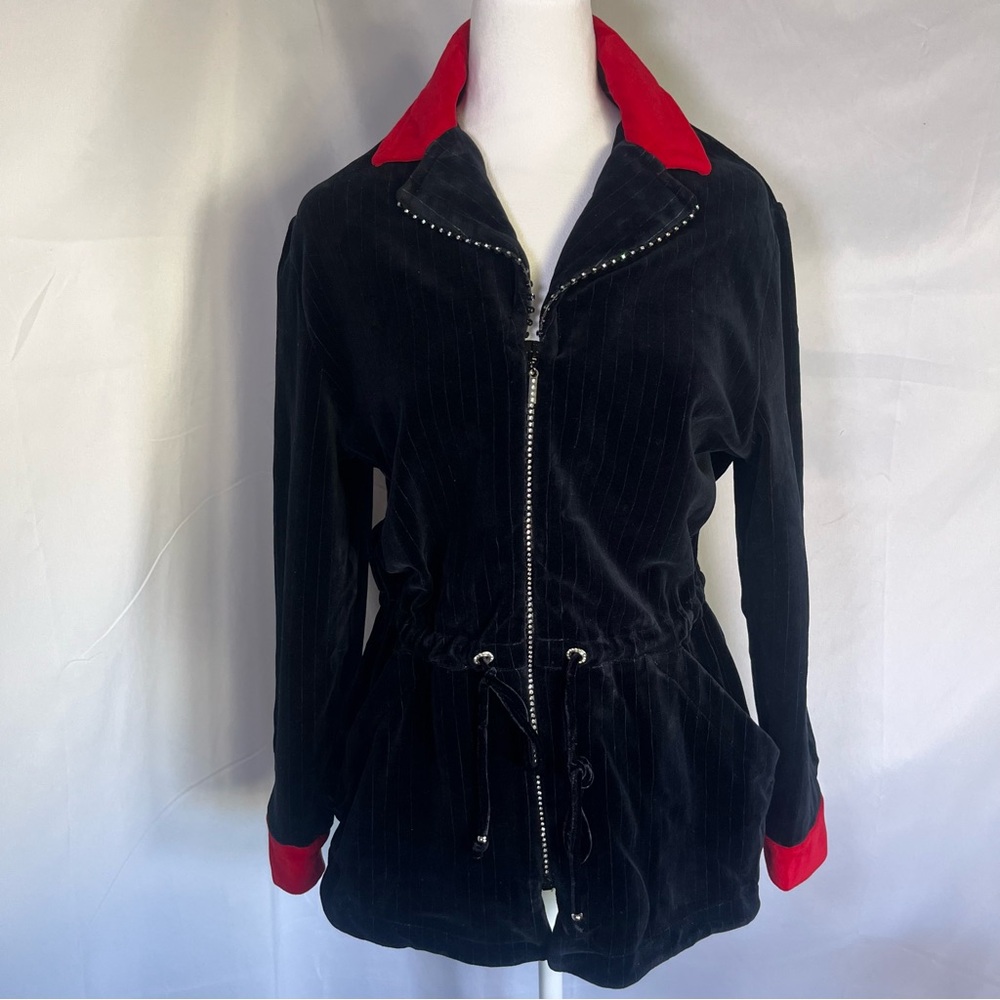 St. John Sport‎ Vintage Velour Jacket with Rhinestone Zipper Black and Red Small